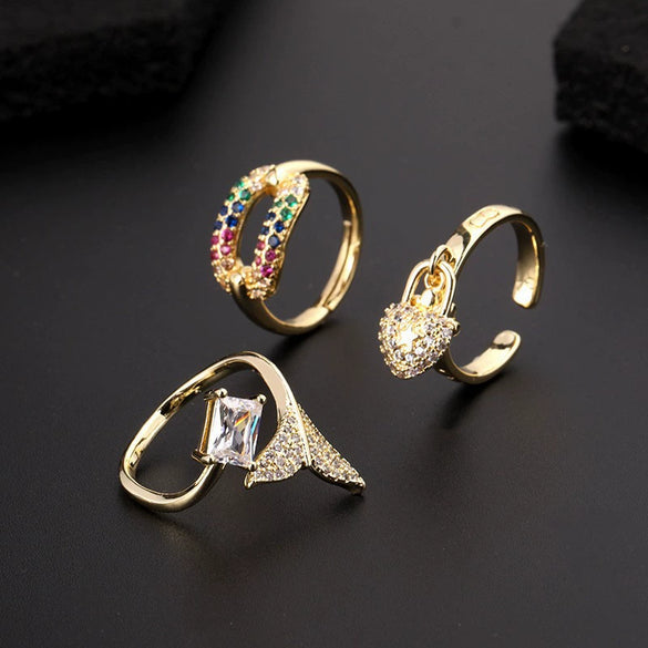 Fashion Personality Ring Copper Electroplated With Colorful Zircon Heart Lock Fishtail And Animal Zodiac Pattern