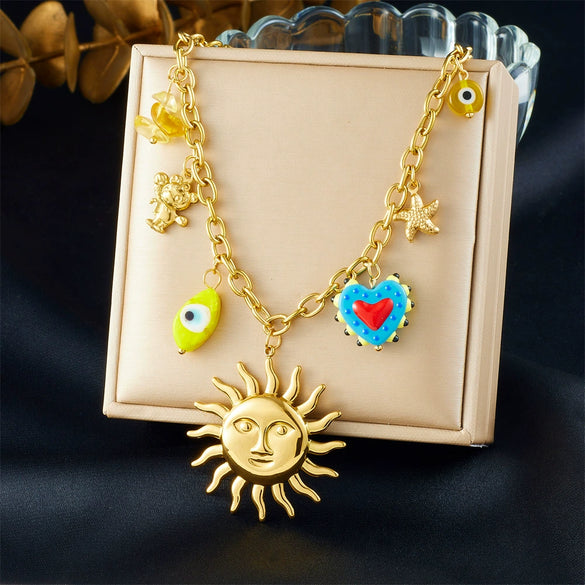 Fashion Personality Trend Cartoon Heart Eyes Face Sun Stainless Steel Gold Plated Necklace