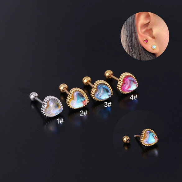 Fashion Piercing Jewelry Heart Moonstone Metal Ear Nail With Geometric Design And Electroplating