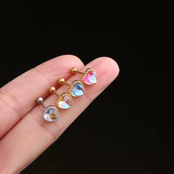 Fashion Piercing Jewelry Heart Moonstone Metal Ear Nail With Geometric Design And Electroplating