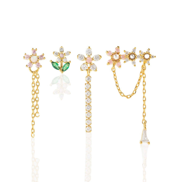 Fashion Pink Zircon Earrings Set Copper Material With Flower Pattern