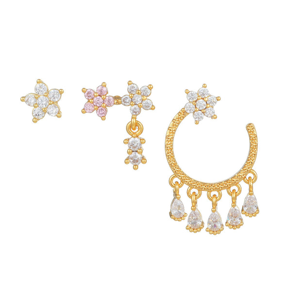 Fashion Pink Zircon Earrings Set Copper Material With Flower Pattern