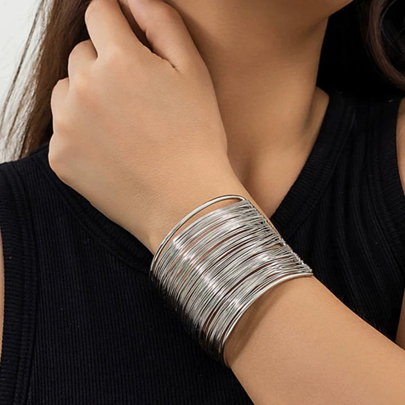 Fashion Punk Geometric Wire Wrapped Open Cuff Bracelet With Irregular Jade Design Wide Electroplated Iron Stacking Bangle