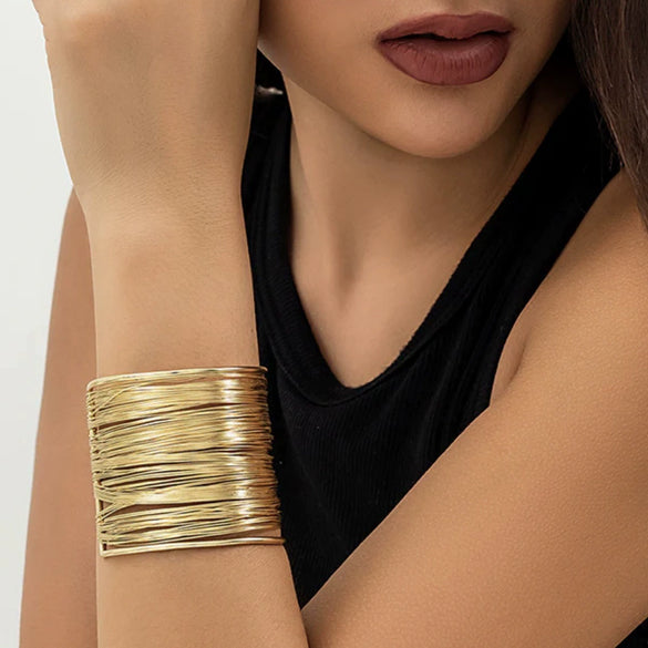 Fashion Punk Geometric Wire Wrapped Open Cuff Bracelet With Irregular Jade Design Wide Electroplated Iron Stacking Bangle
