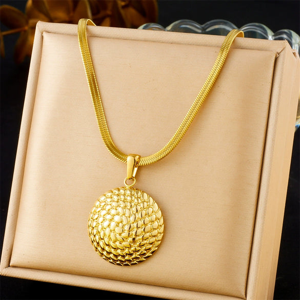 Fashion Punk Personality Spiral Disc Gold Plated Snake Bone Chain Stainless Steel Necklace With Geometric Pattern