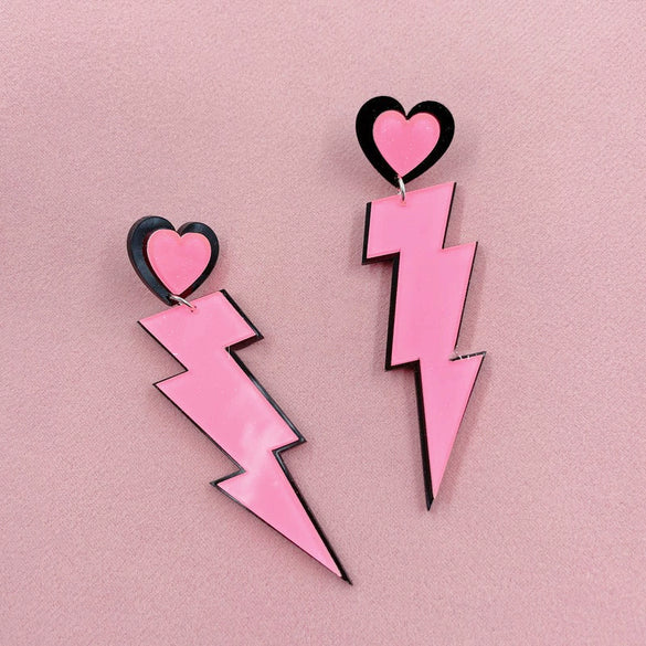 Fashion Punk Style Acrylic Earrings For Women With Pink Lightning Love Design