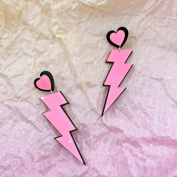 Fashion Punk Style Acrylic Earrings For Women With Pink Lightning Love Design