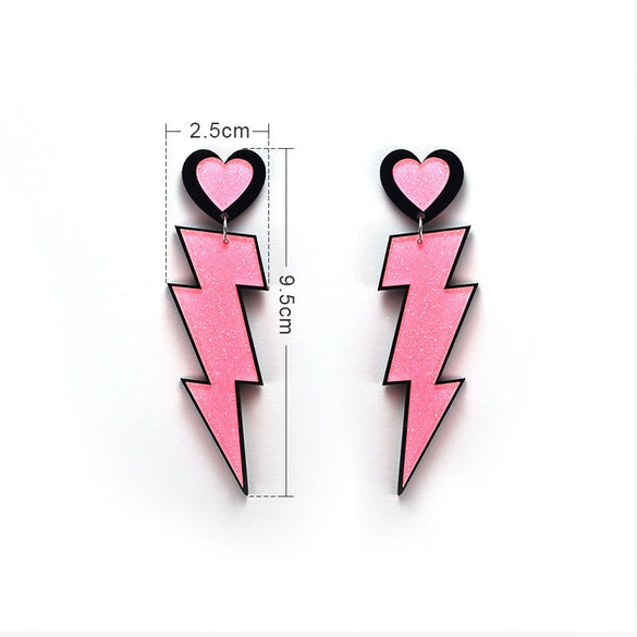 Fashion Punk Style Acrylic Earrings For Women With Pink Lightning Love Design