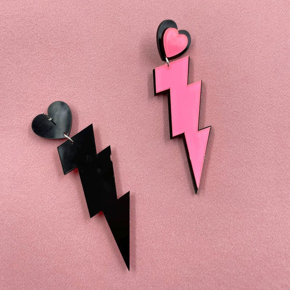 Fashion Punk Style Acrylic Earrings For Women With Pink Lightning Love Design
