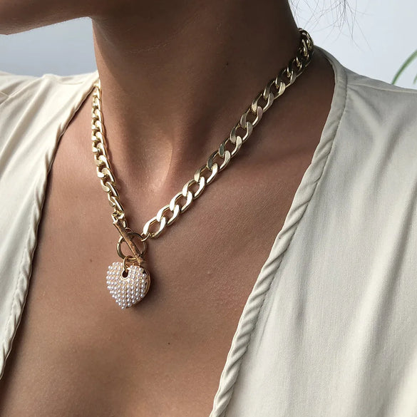 Fashion Punk Style New Pearl Heart-Shape Necklace For Women Bold Water Wave Clavicle Chain Simple Necklaces Gooddiy