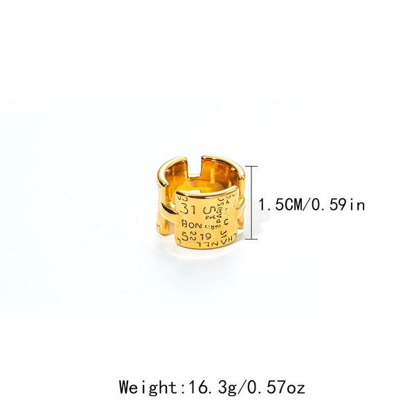 Fashion Punk Wide Edition Stainless Steel Geometric Carved Alphabet Ring With Electroplating For Women