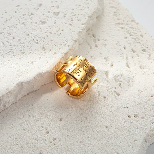 Fashion Punk Wide Edition Stainless Steel Geometric Carved Alphabet Ring With Electroplating For Women