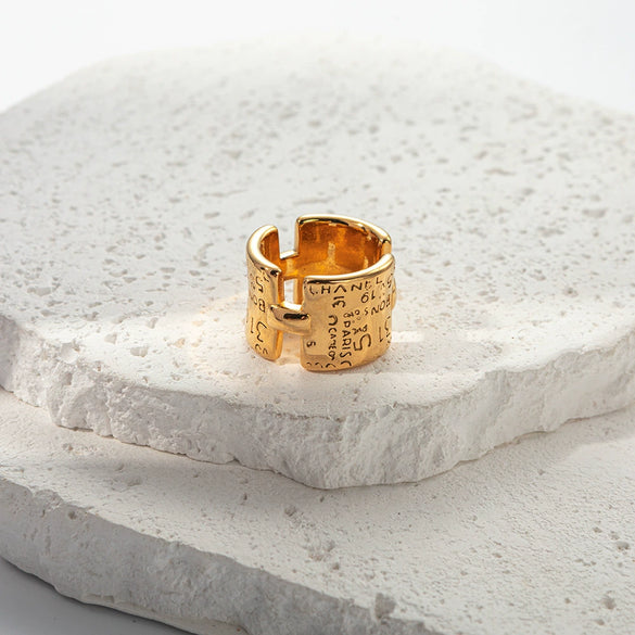 Fashion Punk Wide Edition Stainless Steel Geometric Carved Alphabet Ring With Electroplating For Women