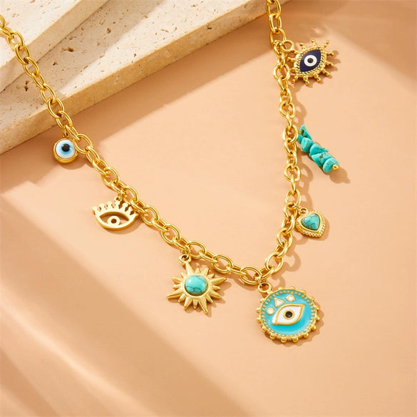 Fashion Rainbow Flower Heart Shape Butterfly Eye Pendant Stainless Steel O Chain Necklace With Electroplating