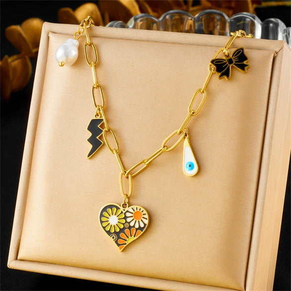 Fashion Rainbow Flower Heart Shape Butterfly Eye Pendant Stainless Steel O Chain Necklace With Electroplating