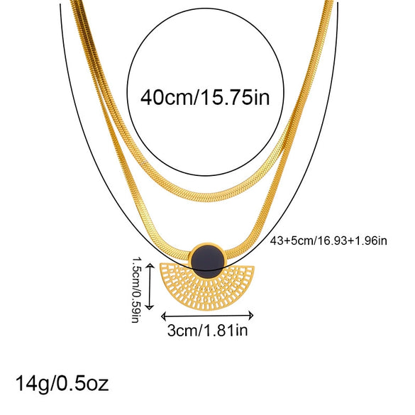 Fashion Retro Black Goldplated Fanshaped Stainless Steel Pendant Chain Necklace Ring Stud Earrings For Women