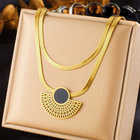 Fashion Retro Black Goldplated Fanshaped Stainless Steel Pendant Chain Necklace Ring Stud Earrings For Women