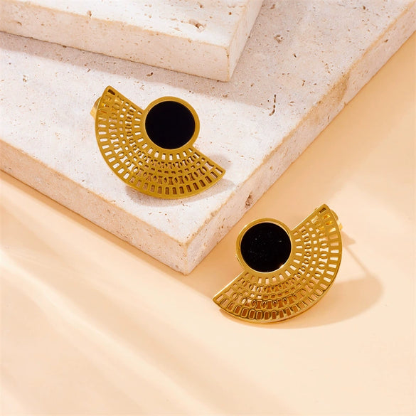 Fashion Retro Black Goldplated Fanshaped Stainless Steel Pendant Chain Necklace Ring Stud Earrings For Women