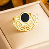 Fashion Retro Black Goldplated Fanshaped Stainless Steel Pendant Chain Necklace Ring Stud Earrings For Women