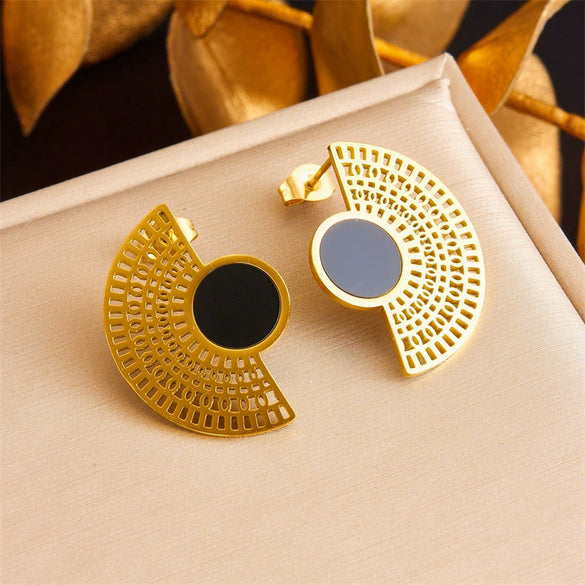 Fashion Retro Black Goldplated Fanshaped Stainless Steel Pendant Chain Necklace Ring Stud Earrings For Women