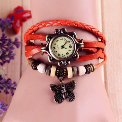 Fashion Retro Butterfly Pendant Bracelet Watch Stainless Steel