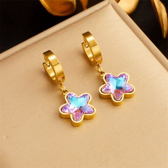 Fashion Retro Colorful Purple Rhinestone Butterfly Titanium Steel Gold Plated Pendant Accessories Earrings
