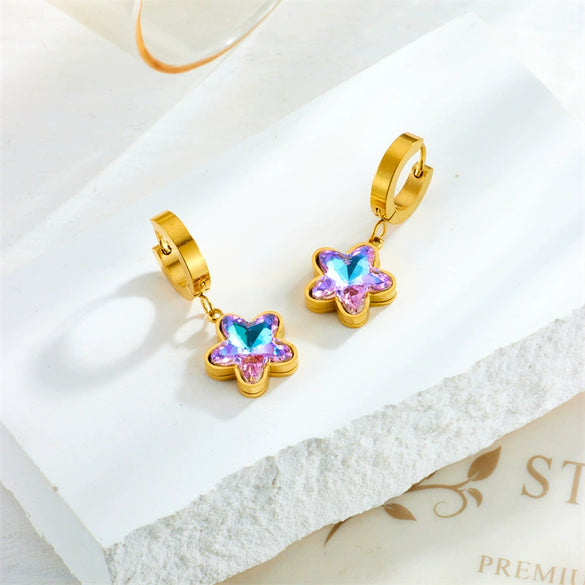 Fashion Retro Colorful Purple Rhinestone Butterfly Titanium Steel Gold Plated Pendant Accessories Earrings