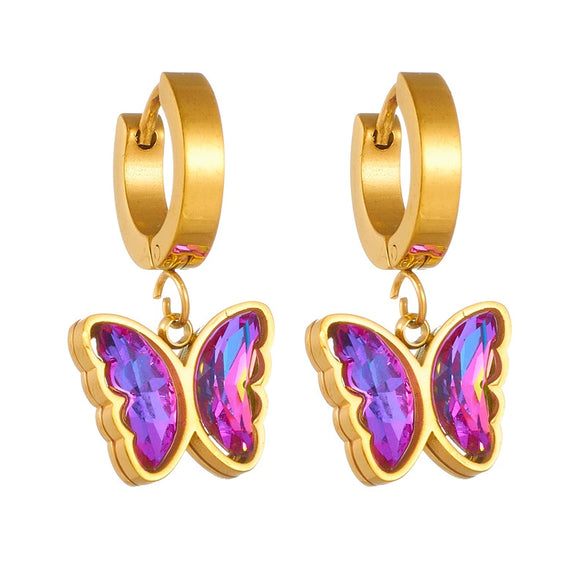 Fashion Retro Colorful Purple Rhinestone Butterfly Titanium Steel Gold Plated Pendant Accessories Earrings