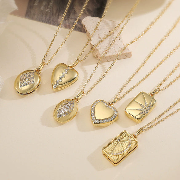 Fashion Retro Copper Plated Zircon Heart Photo Clip Pendant Necklace Geometric Style