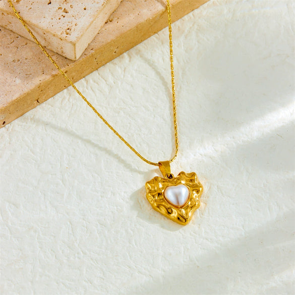 Fashion Retro Design Irregular Love Pearl Pendant Stainless Steel Women's Necklace With Electroplating