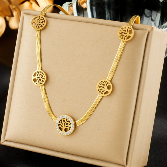 Fashion Retro Diamond Hollow Round Tree Of Life Titanium Steel Jewelry Necklace With Gold Plated Electroplating And Snake Bone Chain For Women