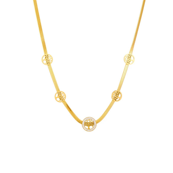 Fashion Retro Diamond Hollow Round Tree Of Life Titanium Steel Jewelry Necklace With Gold Plated Electroplating And Snake Bone Chain For Women