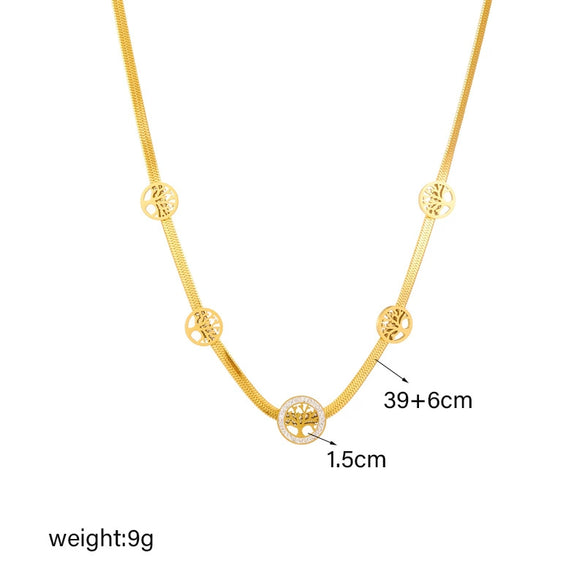 Fashion Retro Diamond Hollow Round Tree Of Life Titanium Steel Jewelry Necklace With Gold Plated Electroplating And Snake Bone Chain For Women