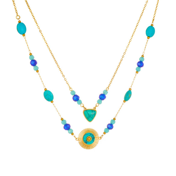 Fashion Retro Double Layer Overlapping Bohemian Beaded Turquoise Stainless Steel Geometric Pendant Chain Necklace With Electroplating