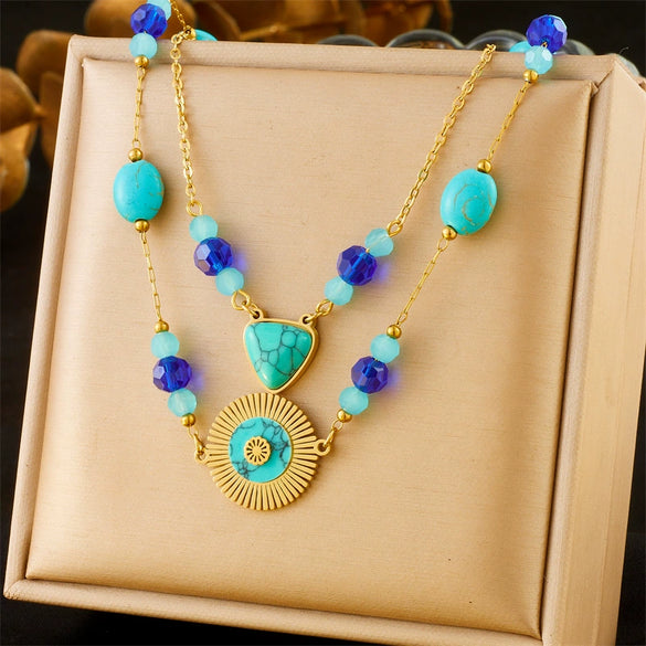 Fashion Retro Double Layer Overlapping Bohemian Beaded Turquoise Stainless Steel Geometric Pendant Chain Necklace With Electroplating