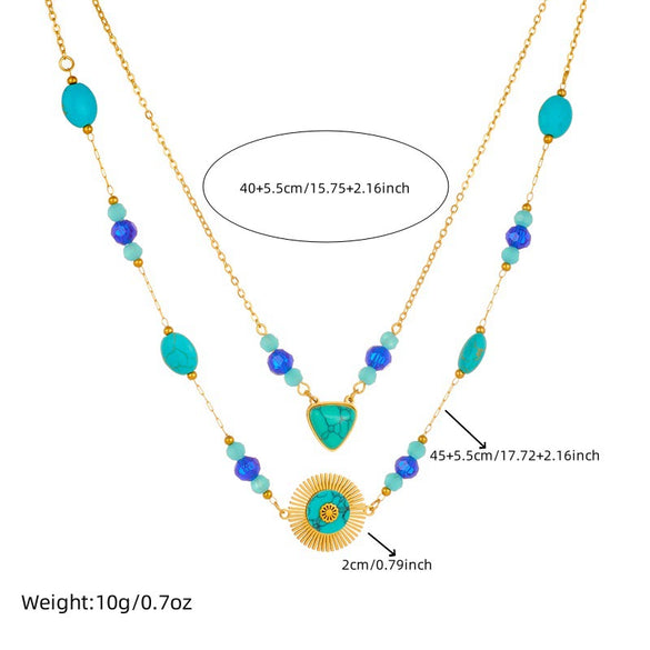 Fashion Retro Double Layer Overlapping Bohemian Beaded Turquoise Stainless Steel Geometric Pendant Chain Necklace With Electroplating