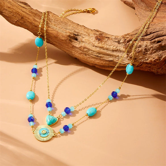 Fashion Retro Double Layer Overlapping Bohemian Beaded Turquoise Stainless Steel Geometric Pendant Chain Necklace With Electroplating