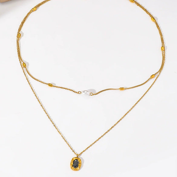 Fashion Retro Doublelayer Pearl Facet Gemstone Inlaid Oval Geometric Pendant Stainless Steel Necklace Electroplated