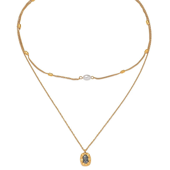 Fashion Retro Doublelayer Pearl Facet Gemstone Inlaid Oval Geometric Pendant Stainless Steel Necklace Electroplated