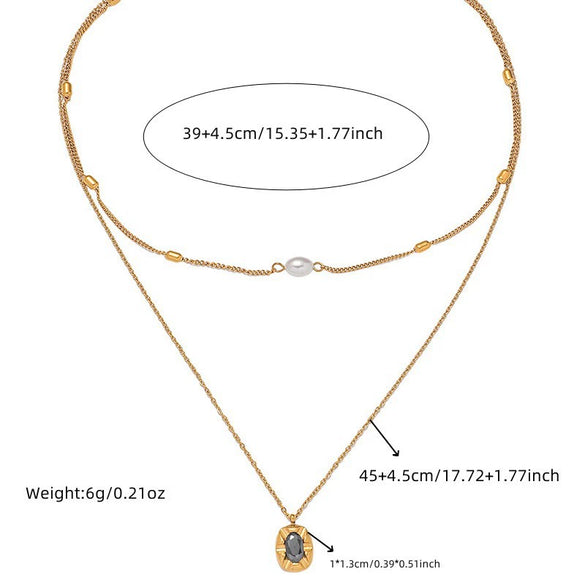 Fashion Retro Doublelayer Pearl Facet Gemstone Inlaid Oval Geometric Pendant Stainless Steel Necklace Electroplated