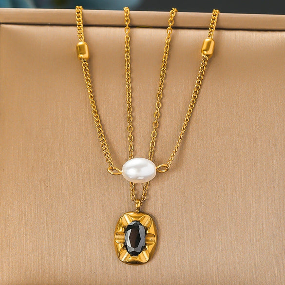 Fashion Retro Doublelayer Pearl Facet Gemstone Inlaid Oval Geometric Pendant Stainless Steel Necklace Electroplated