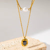 Fashion Retro Doublelayer Pearl Facet Gemstone Inlaid Oval Geometric Pendant Stainless Steel Necklace Electroplated