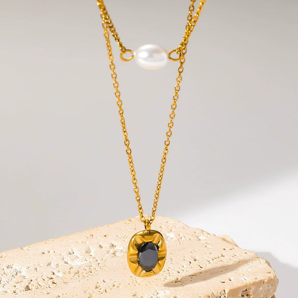 Fashion Retro Doublelayer Pearl Facet Gemstone Inlaid Oval Geometric Pendant Stainless Steel Necklace Electroplated