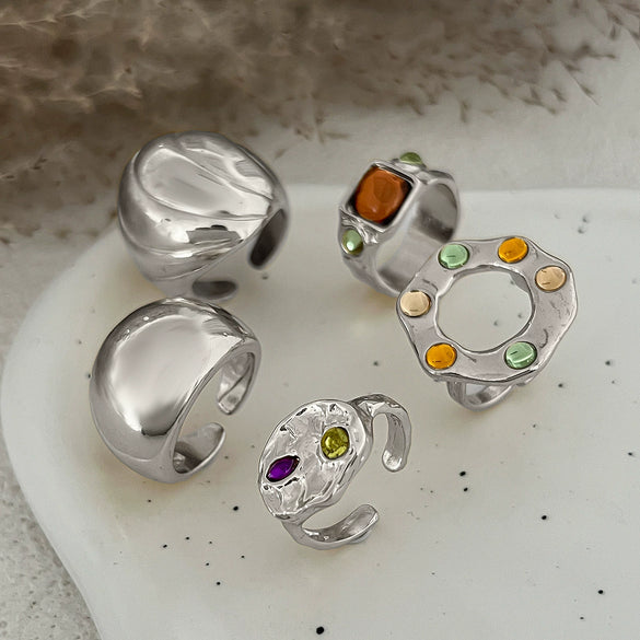 Fashion Retro Geometric Alloy Ring With Electroplating And Color Diamond Gemstone Exaggerated Stacked Smooth Open Design For Women