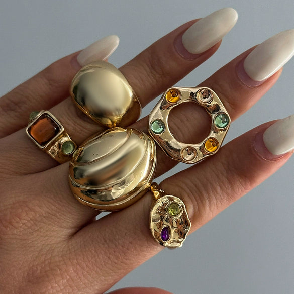 Fashion Retro Geometric Alloy Ring With Electroplating And Color Diamond Gemstone Exaggerated Stacked Smooth Open Design For Women