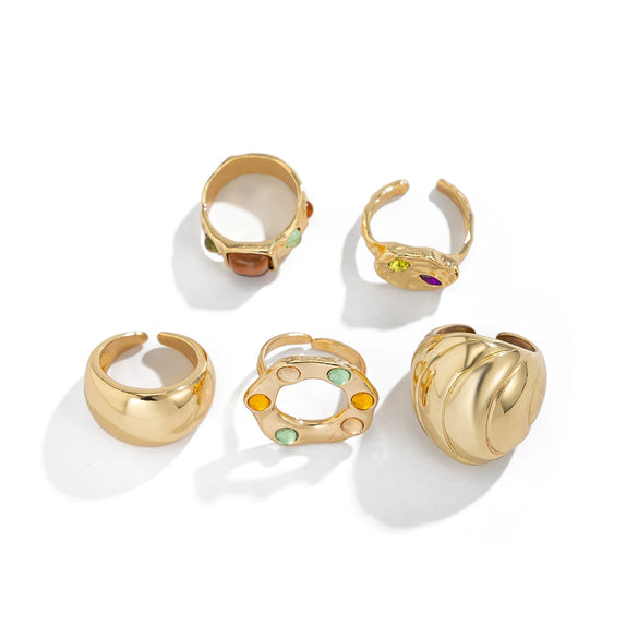 Fashion Retro Geometric Alloy Ring With Electroplating And Color Diamond Gemstone Exaggerated Stacked Smooth Open Design For Women