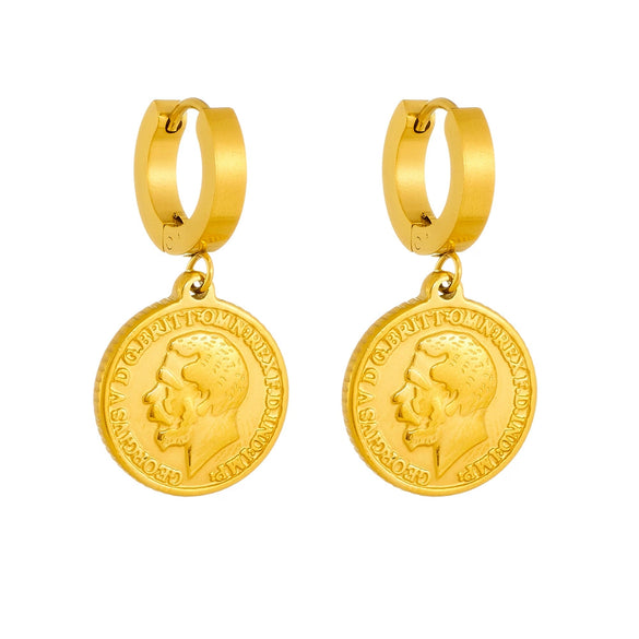 Fashion Retro Geometric Pattern Medallion Coin Pendant Stainless Steel Earrings Gold Plated