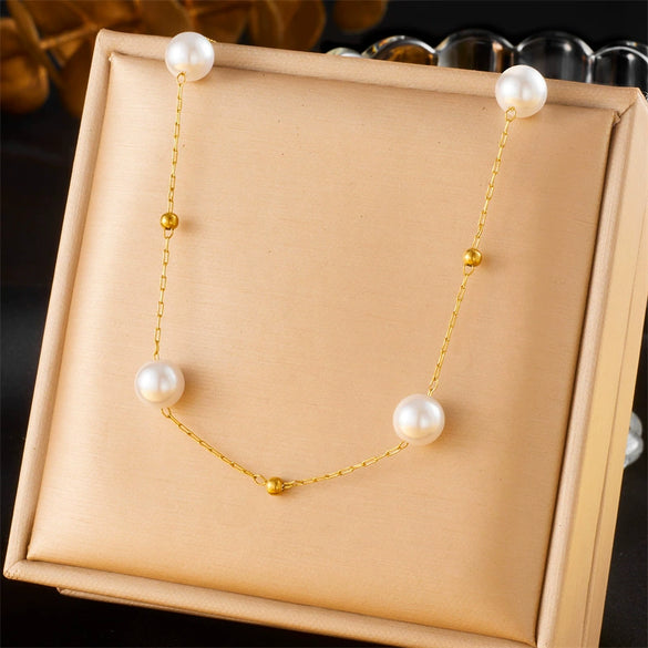 Fashion Retro Geometric Round Pearl Stainless Steel Goldplated Chain Accessories Bracelet Necklace
