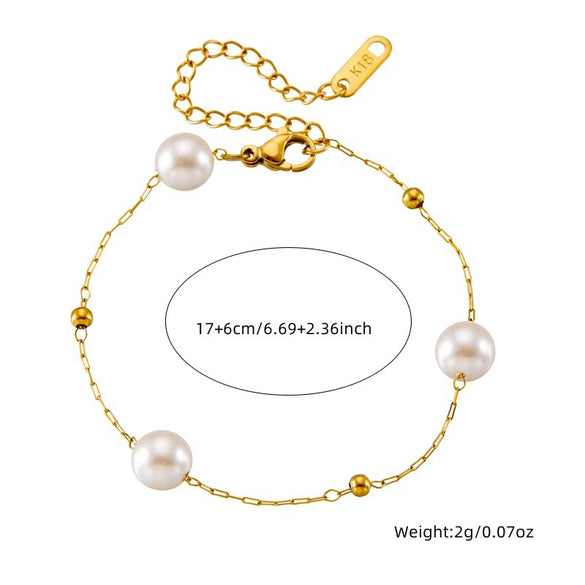 Fashion Retro Geometric Round Pearl Stainless Steel Goldplated Chain Accessories Bracelet Necklace