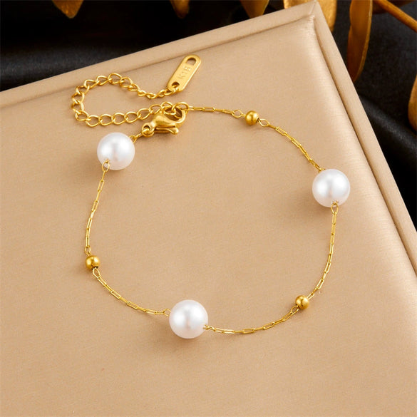 Fashion Retro Geometric Round Pearl Stainless Steel Goldplated Chain Accessories Bracelet Necklace